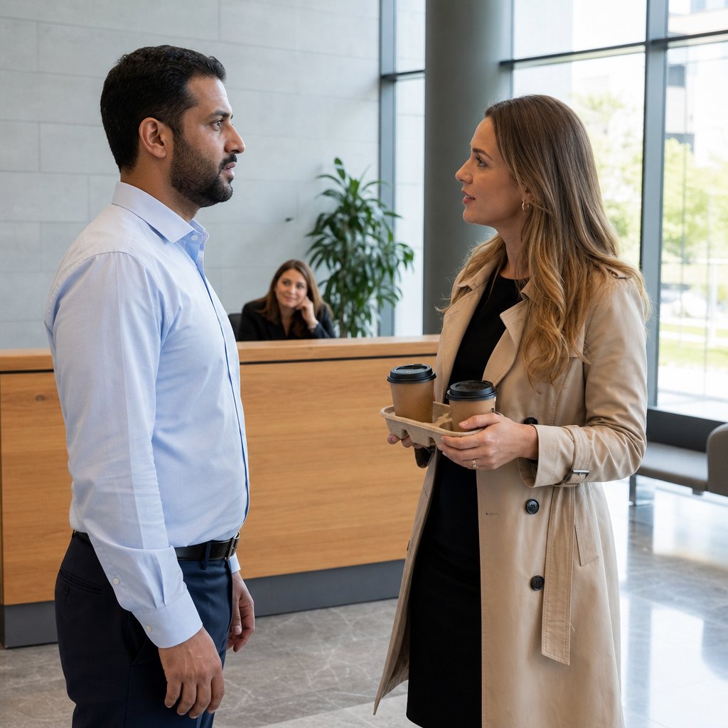In an office lobby, a woman holding coffees confronts a tense man, a gold ring visible on her left hand.