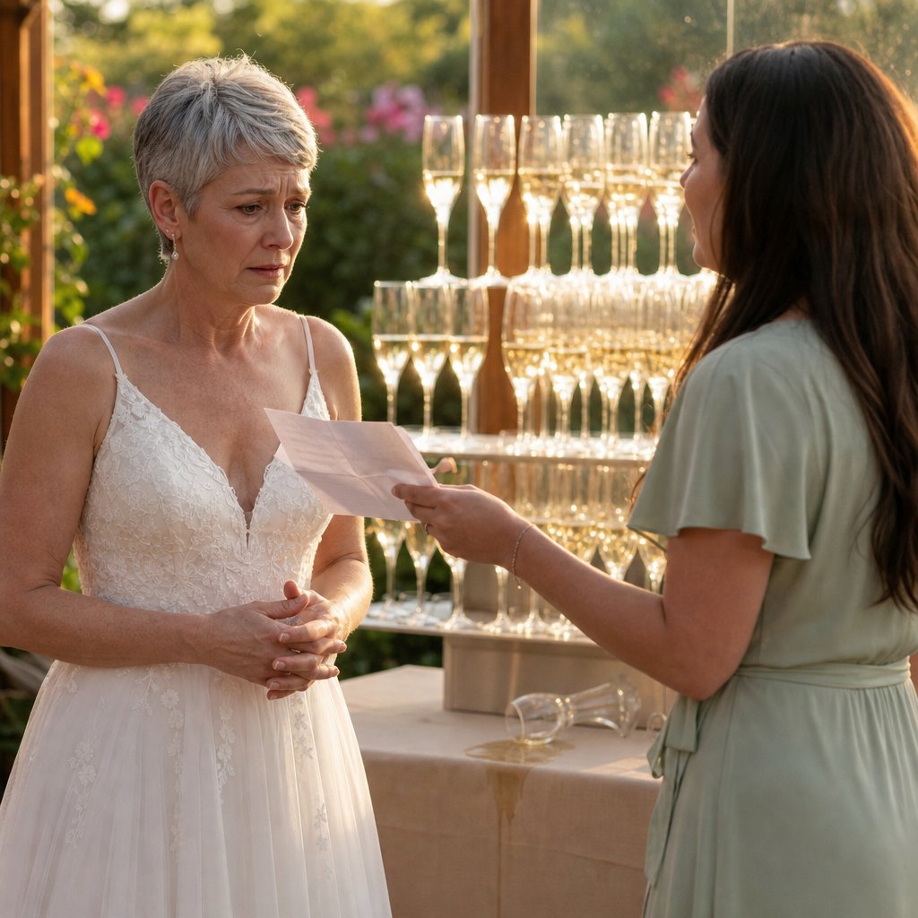 By the champagne wall, Mara in a green dress offers Harper a folded printout as Harper hesitates to take it.