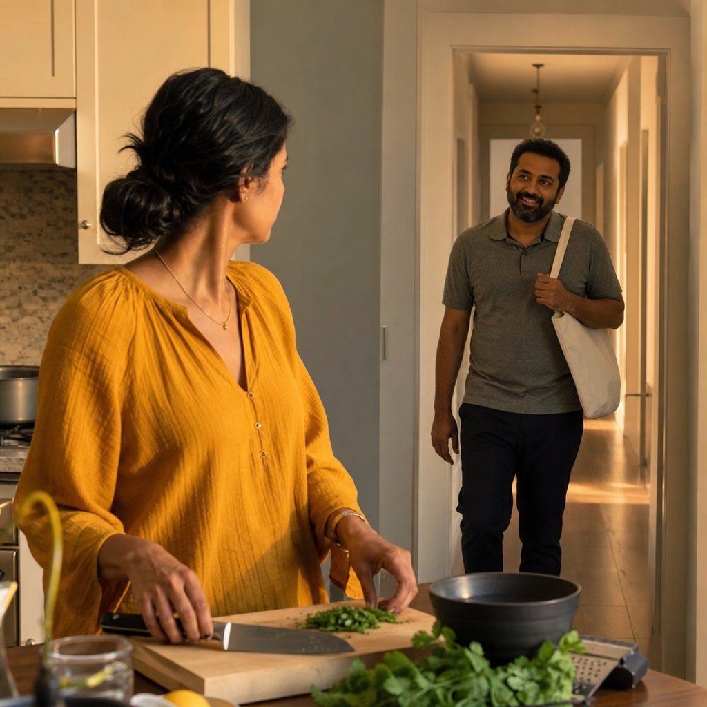 Mara stands in the kitchen by chopped cilantro as Ethan enters smiling from the hallway, unaware she has confirmation.