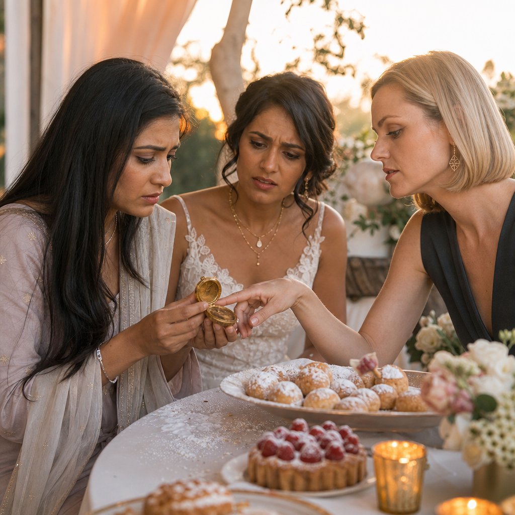 Valerie leans in and touches the open locket as the protagonist and bride stare, tense and confused.