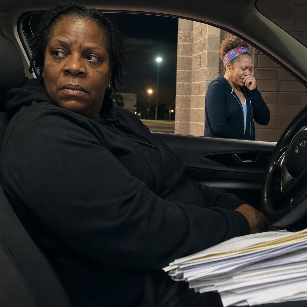 Iris takes a tense call in her car while Kendra, crying, stands outside near the building corner.