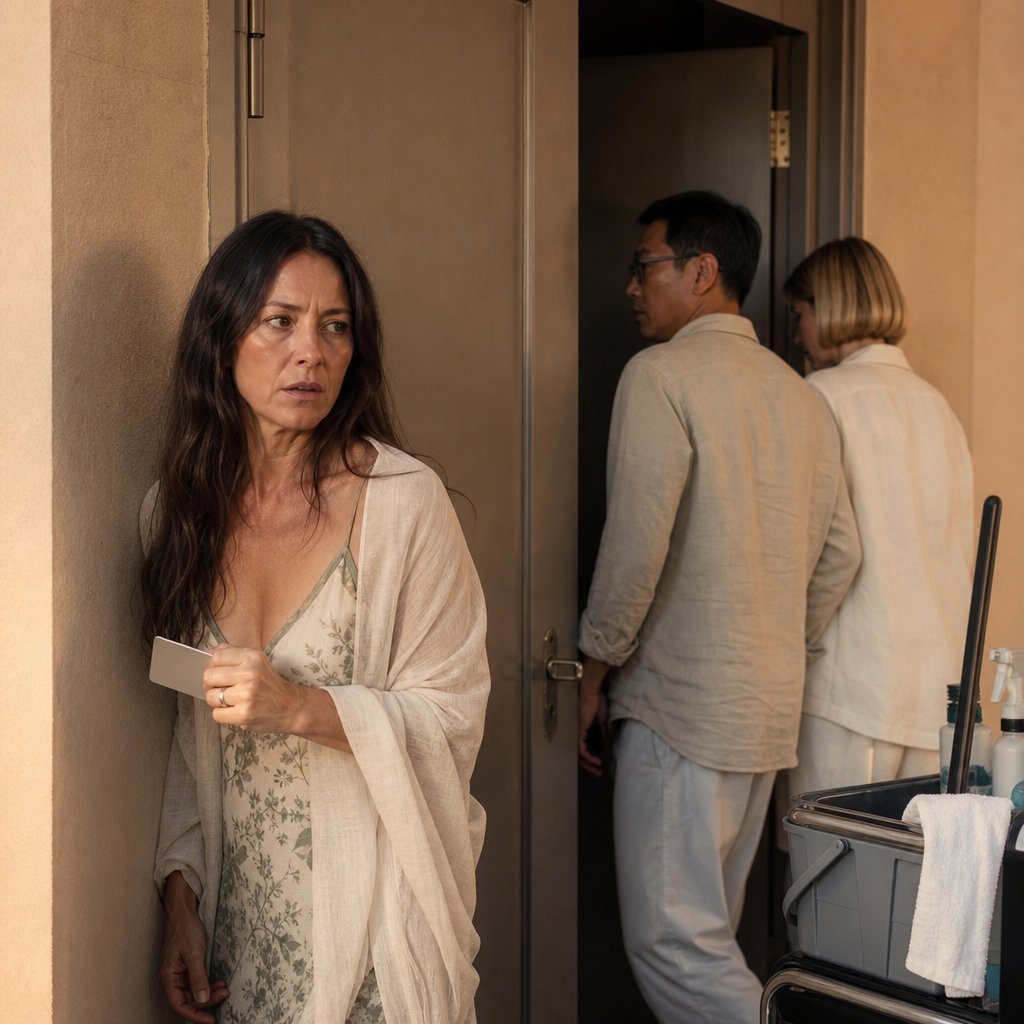 Mara watches Evan and Sloane slip into a service hallway, gripping her key card as she waits outside the door.