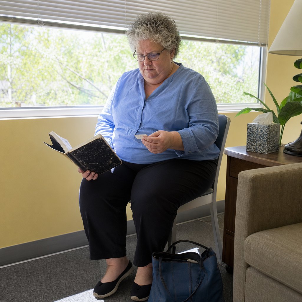 In a quiet wellness room, the gray-haired woman holds an open notebook as a folded slip of paper rests on her knee, unread.