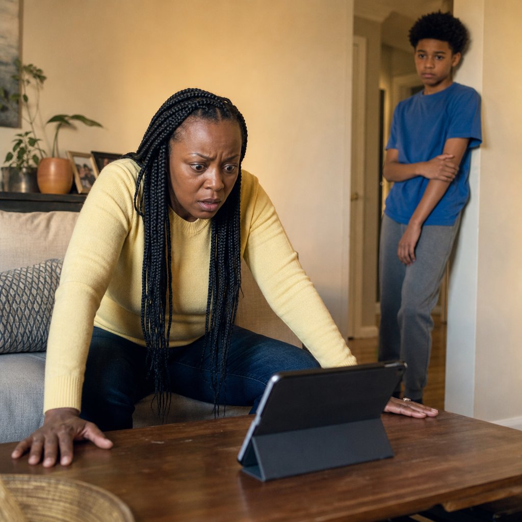 A mother leans forward in shock at a tablet on a coffee table while her son stands in the doorway watching, tense.