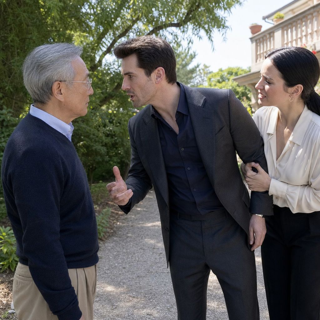 A tense younger man warns an older man as a slick-haired woman grips his arm and pulls him away with a tight smile.
