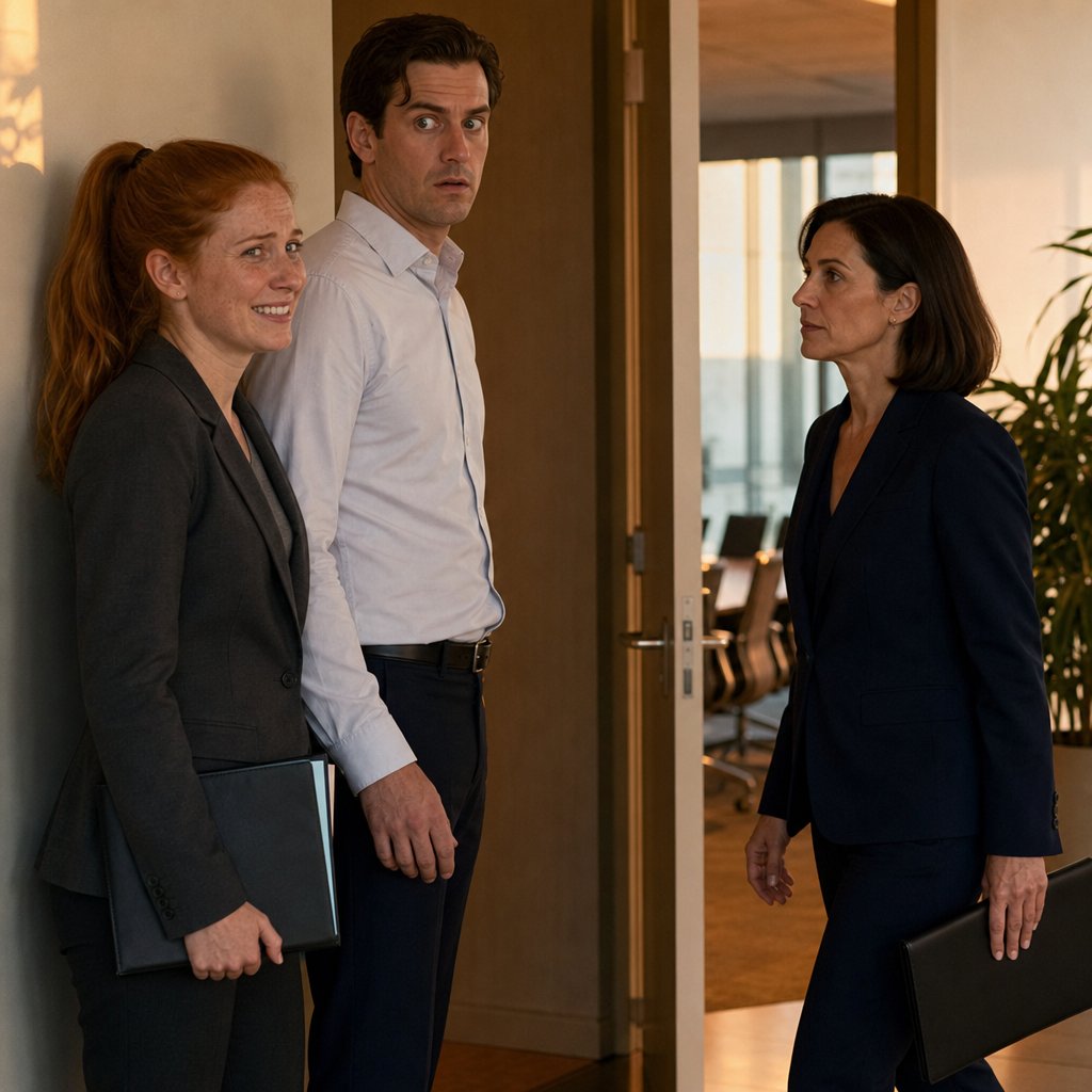 A smiling red-ponytailed woman stands beside a startled man as a suited lawyer approaches in an office lobby.