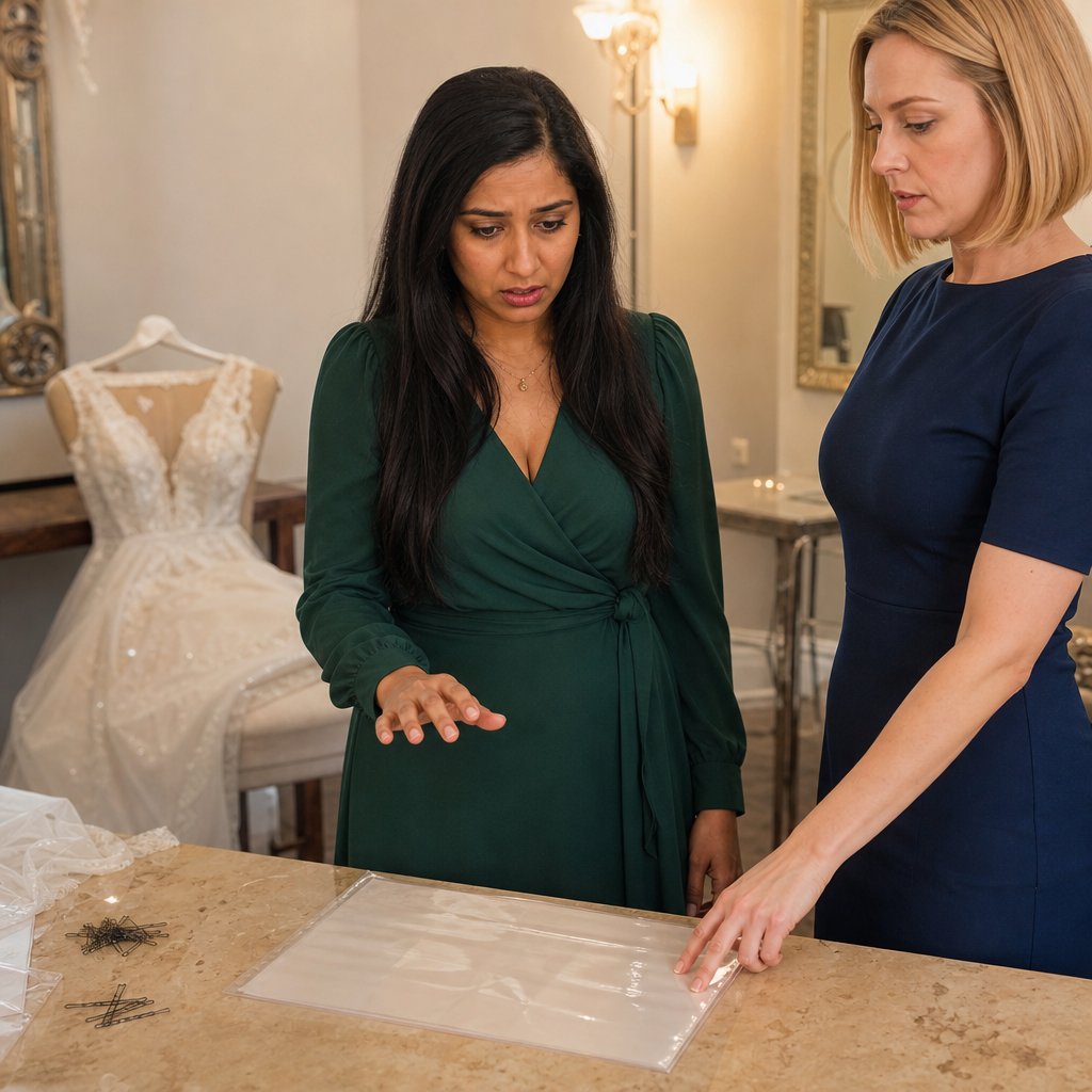 Valerie leaves a single official-looking document on a bridal suite vanity while the narrator stares at it, stunned.