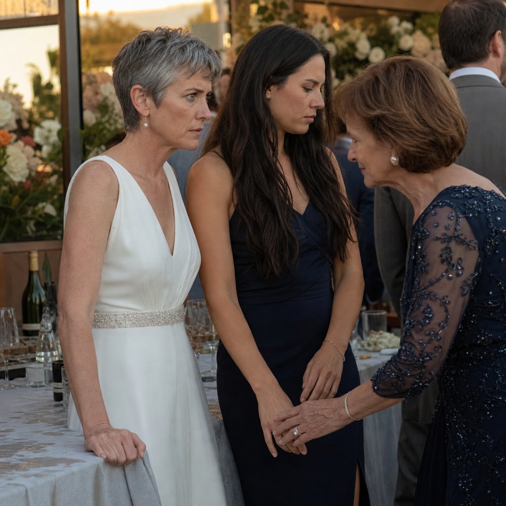 Harper in her wedding dress stands rigid as her mother reaches toward Mara’s phone, tension visible in their faces.