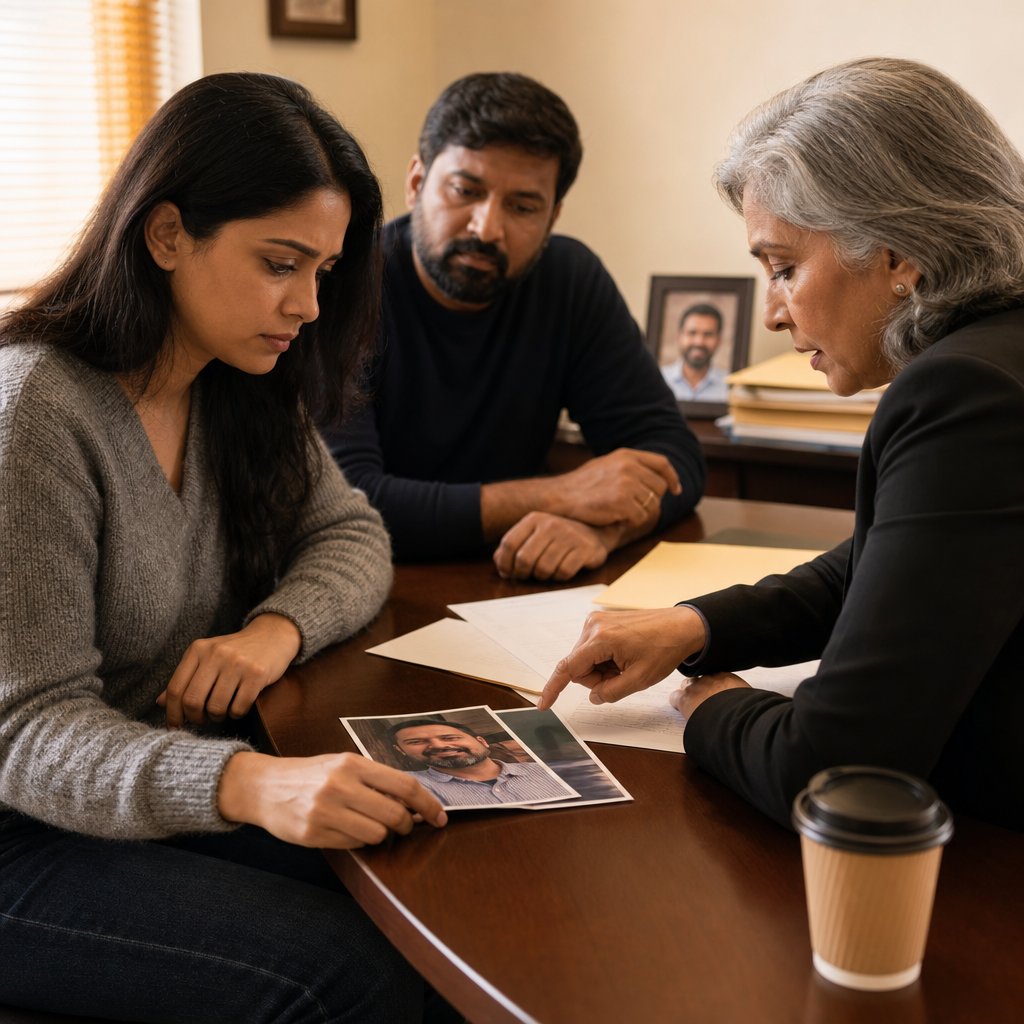 Mara sits tensely in a lawyer’s office gripping glossy photos while her lawyer points to documents.