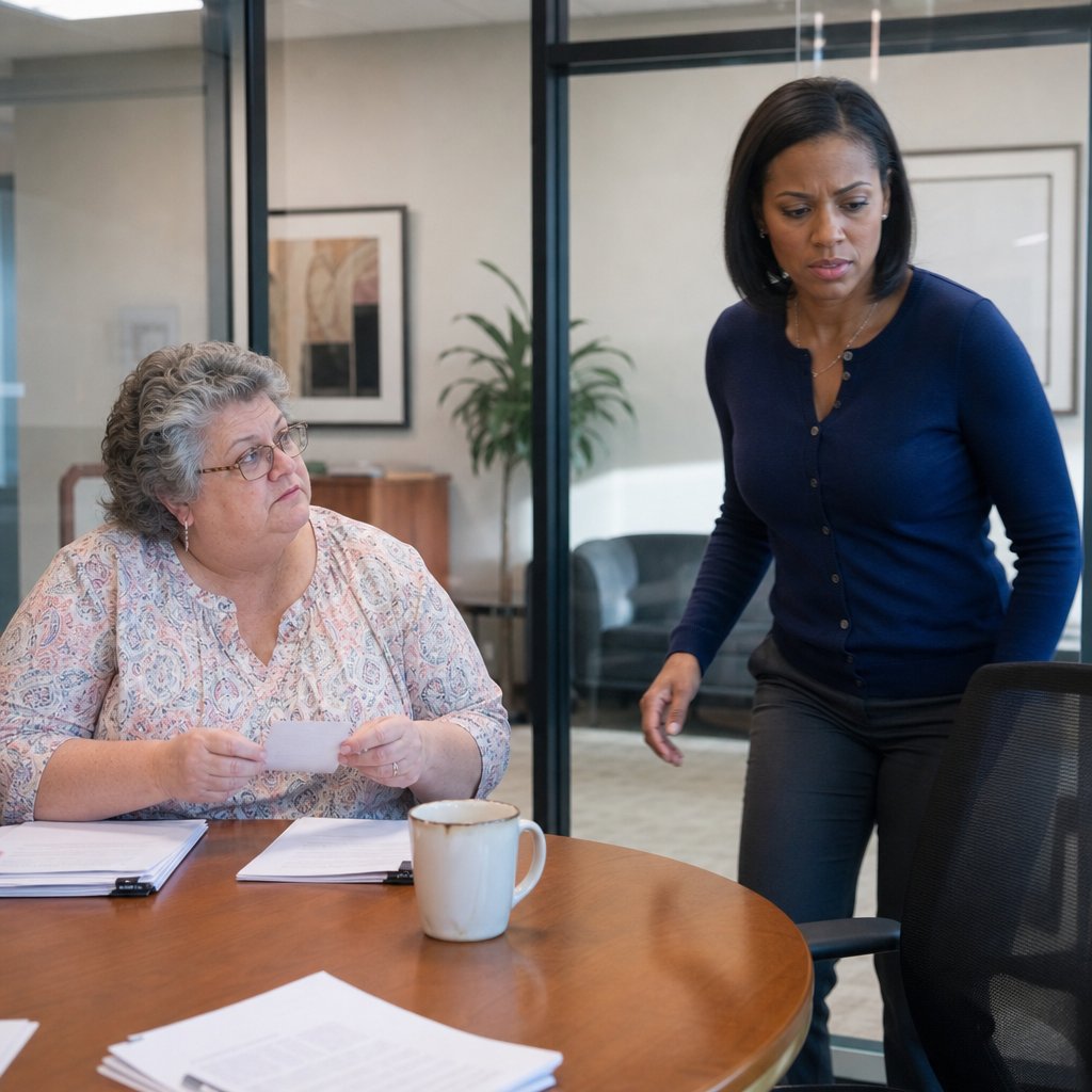 Lena studies a folded slip of paper as Mara stands abruptly to leave the conference room.