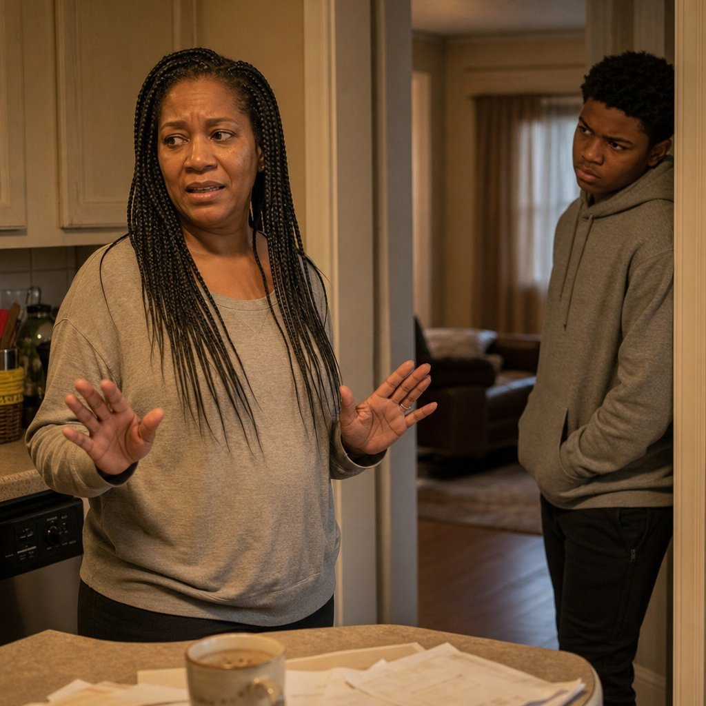 A braided Black woman faces her teenage son in a tense kitchen moment, papers on the counter between them.