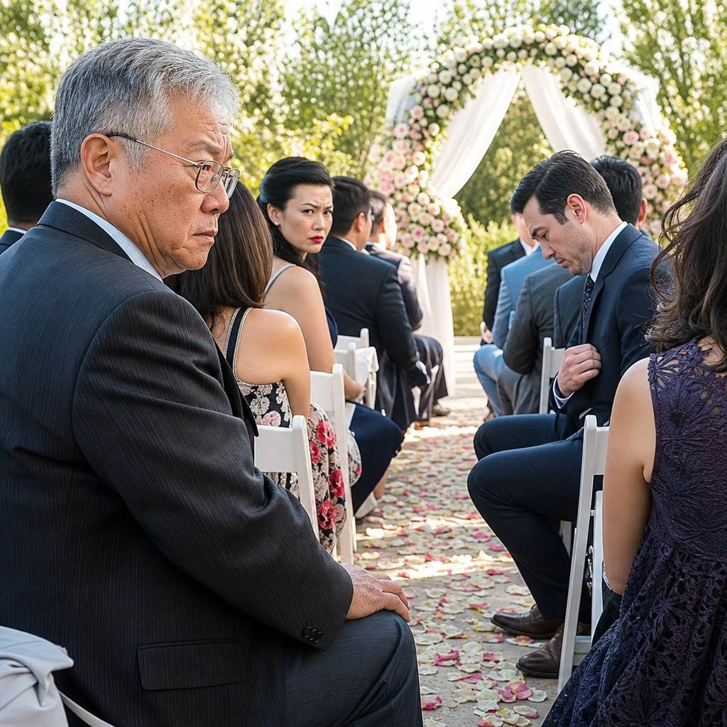 An older man watches a pale guest clutch his jacket pocket while a woman stares at him during the ceremony.