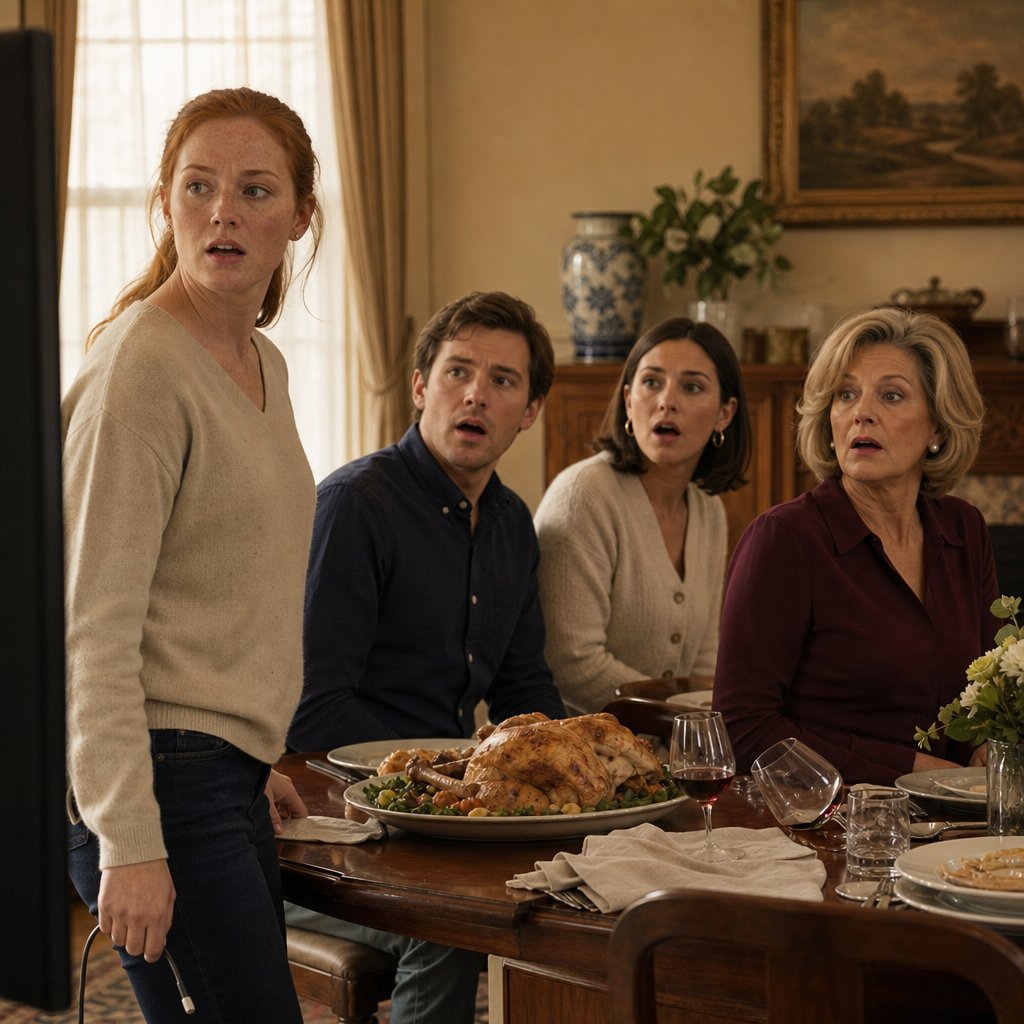 A red-ponytailed woman stands by a dining room TV holding a phone face-down while her husband, his sister, and his mother stare in shock across a set dinner table.