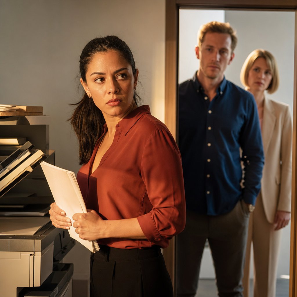 Mara grips fresh printouts at the copier while Elliot and Lena watch from the doorway.