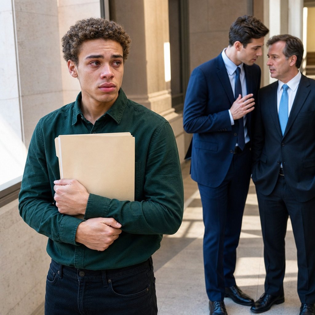 Mara clutches a manila folder in a courthouse hallway while Evan whispers tensely to his lawyer in the background.