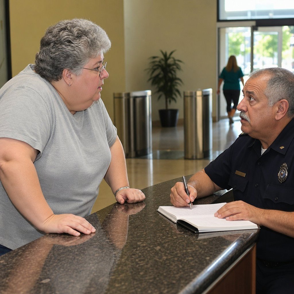 Lena confronts a nervous security guard at the lobby desk as someone enters behind her.