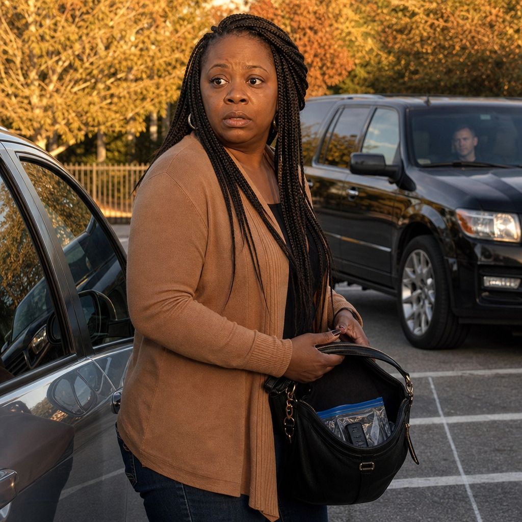 A braided Black woman looks shaken in a parking lot while a man sits in an idling SUV in the distance.