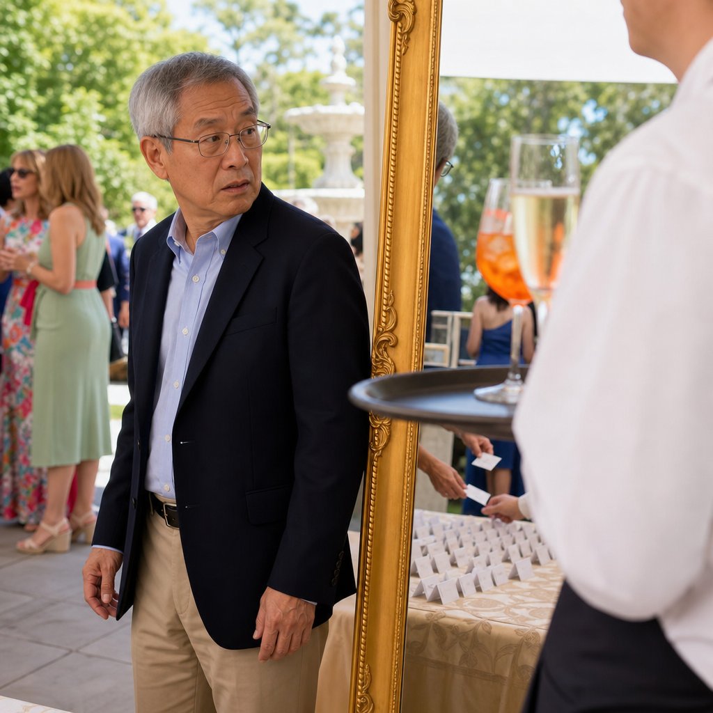 A man stares at a mirror as unseen hands swap escort cards, partially blocked by a passing server.