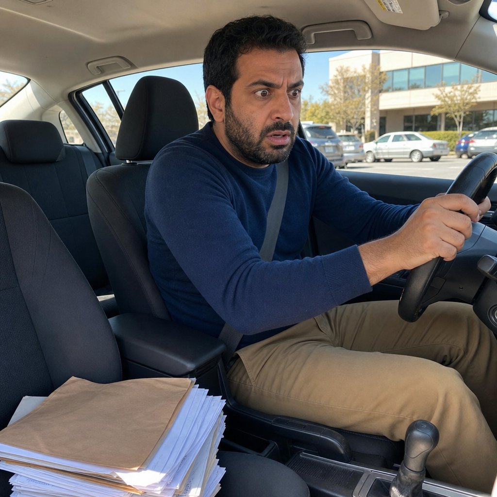 A bearded man sits in a parked car gripping the steering wheel, a thick folder on the passenger seat as he processes bad news.