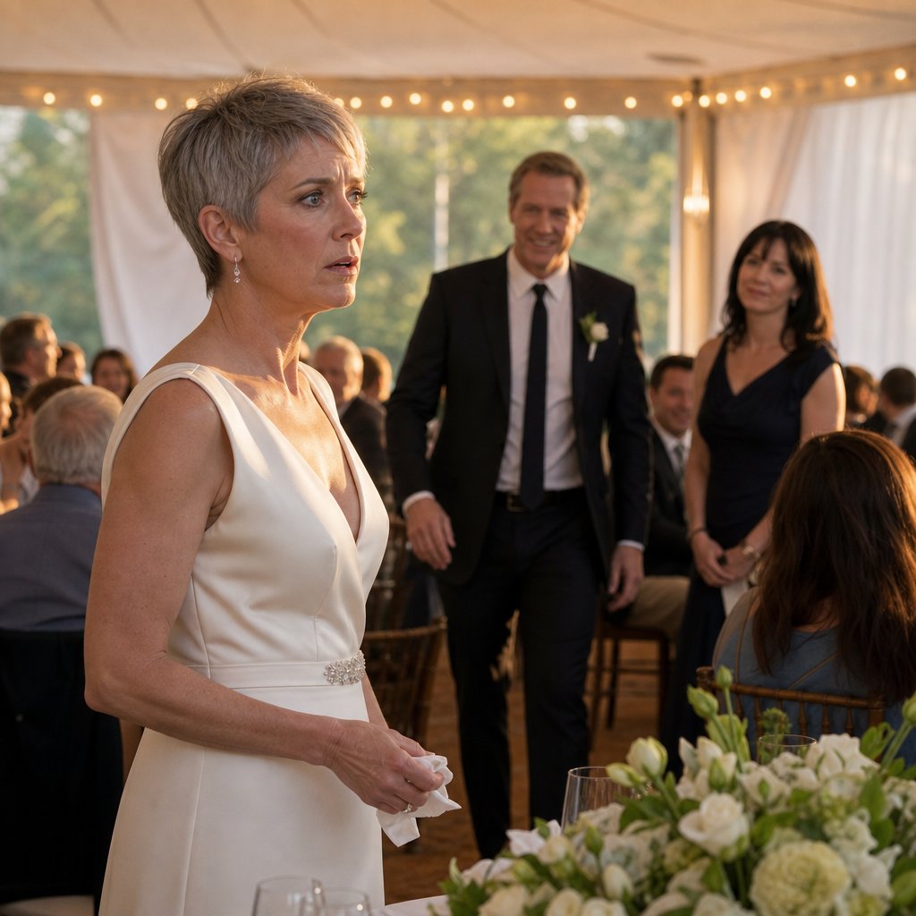 Harper stands frozen in her wedding dress as Noah approaches from across the tent, the reception continuing behind them.