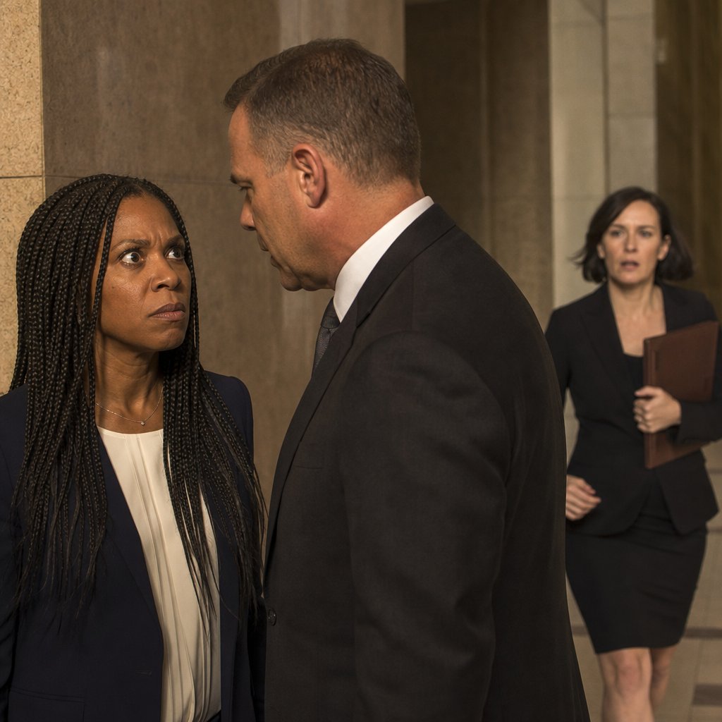 In a courthouse hallway, a suited man leans close to a braided Black woman while a lawyer hurries toward them looking alarmed.