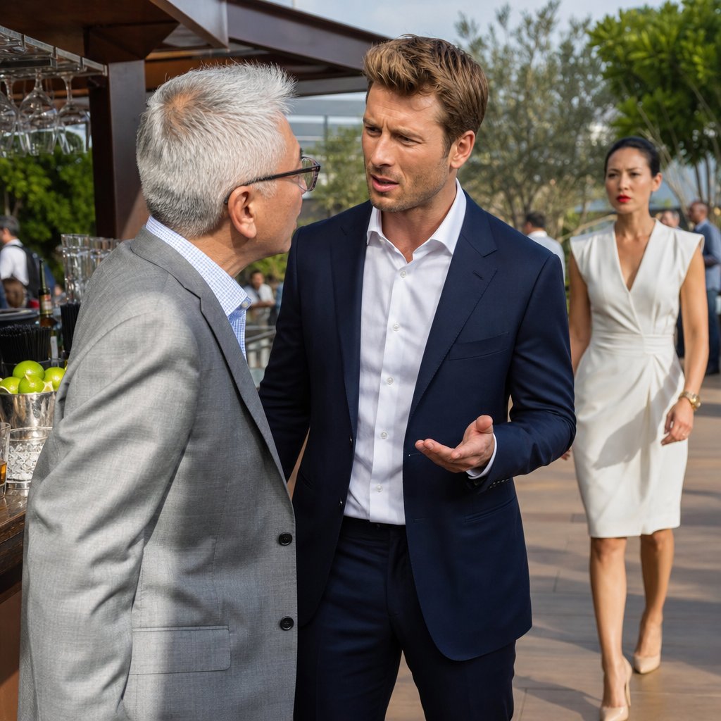 An older man confronts a confused younger man at the bar as a sharply dressed woman approaches behind them.