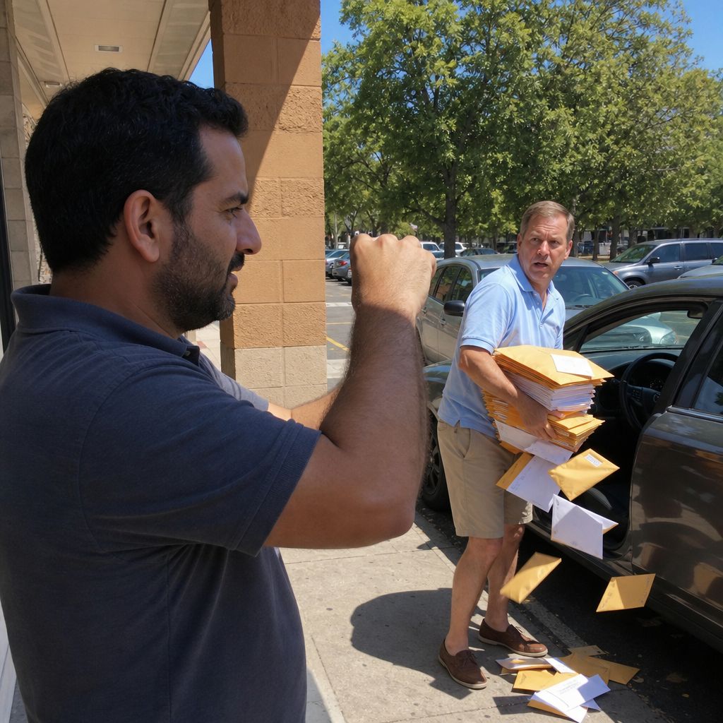 A bearded man photographs an older man as envelopes spill from his arms outside a mailbox storefront, the older man looking startled.