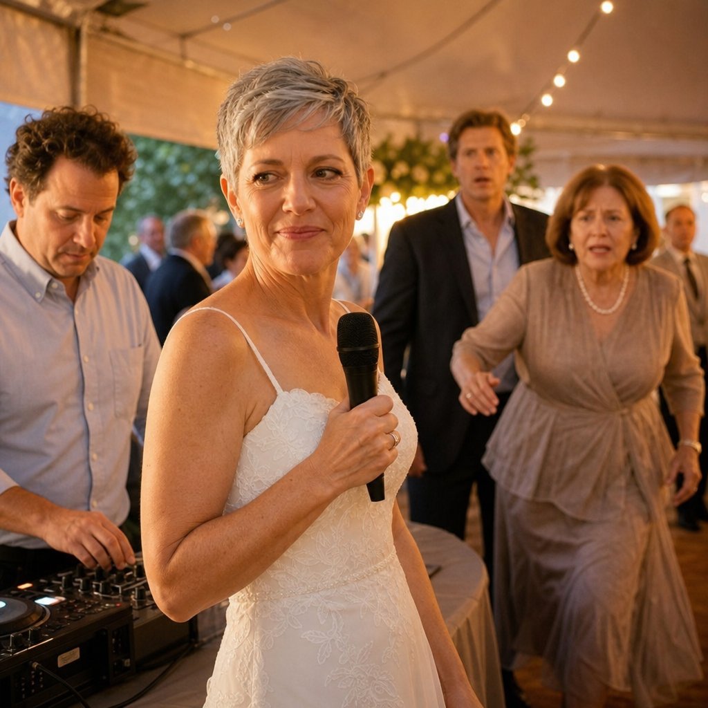 Harper takes the microphone near the DJ while Noah looks on in alarm and her mother rushes toward her.