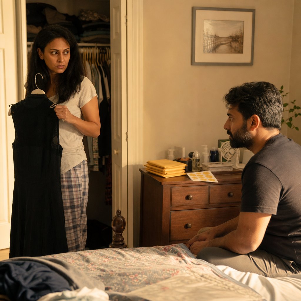 Mara stands by her closet holding a black dress while envelopes and lemon-yellow tattoo sheets sit on a dresser.