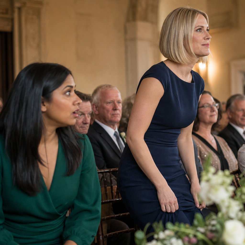 Valerie rises from the family row during the objection moment as the narrator turns toward her in alarm.