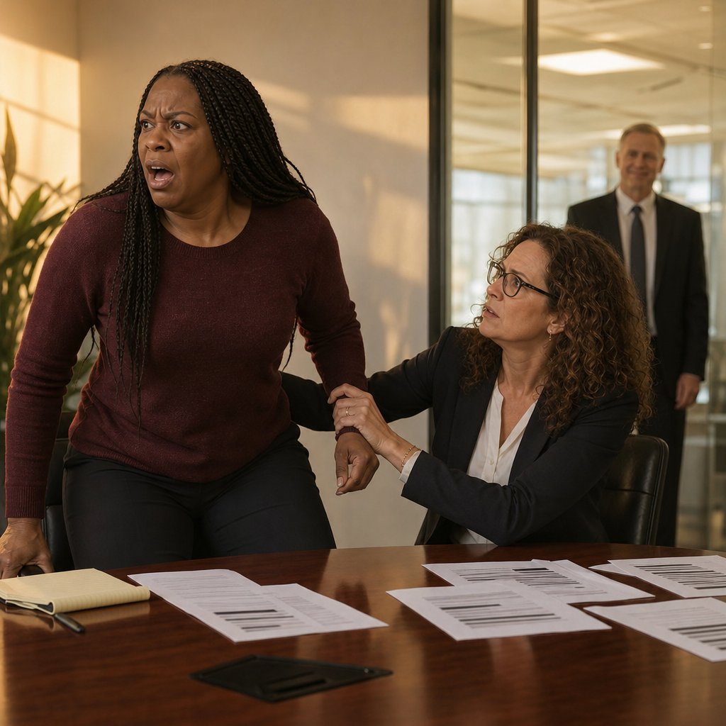 A braided Black woman rises in alarm as her attorney holds her wrist, while a suited man smiles in the background lobby.