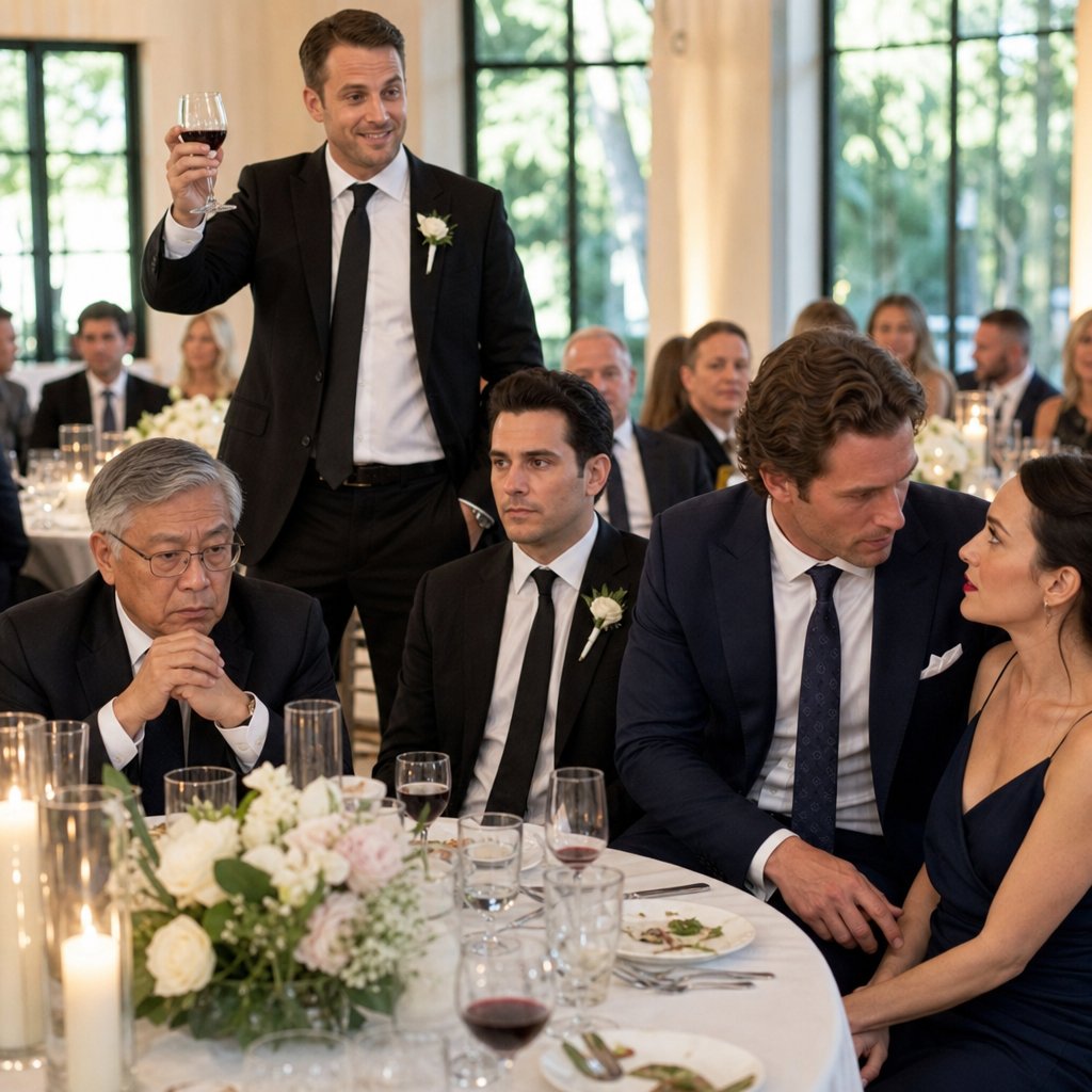 At Table 12, a man stands to toast while a woman grips her companion’s wrist and silently pleads with him not to react.
