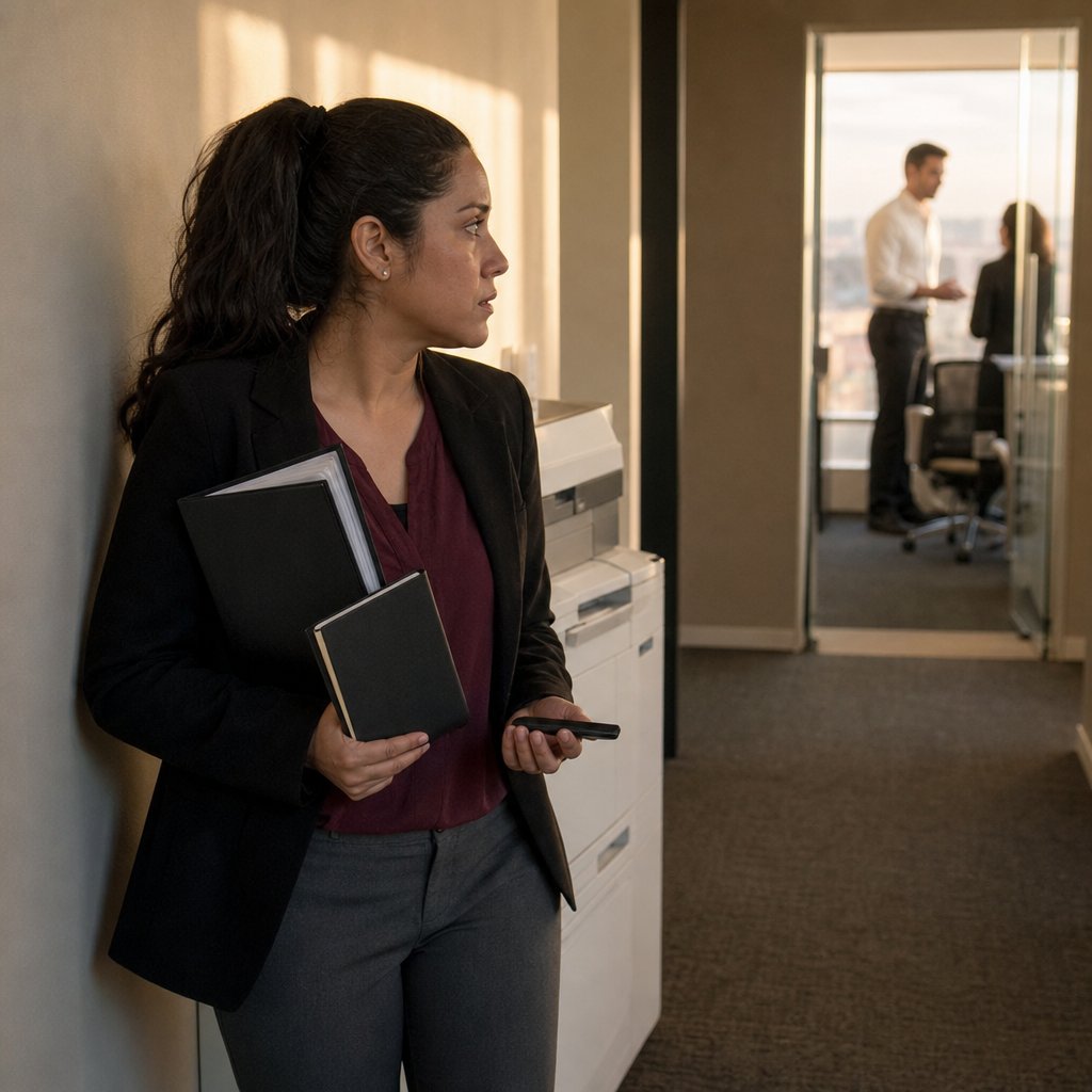 Mara stands near the printer with a binder and notebook, staring toward Elliot’s glass office.