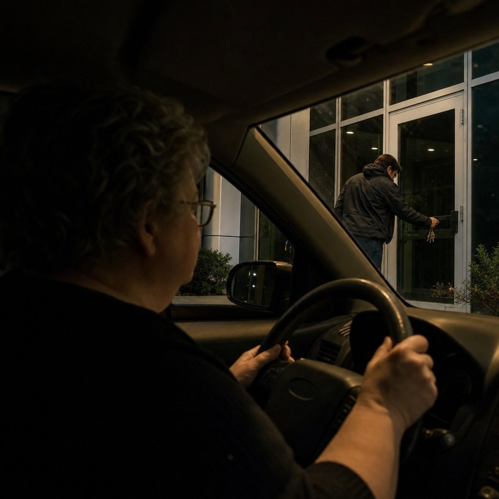 From her car, Lena watches a stranger swipe into the building after midnight.