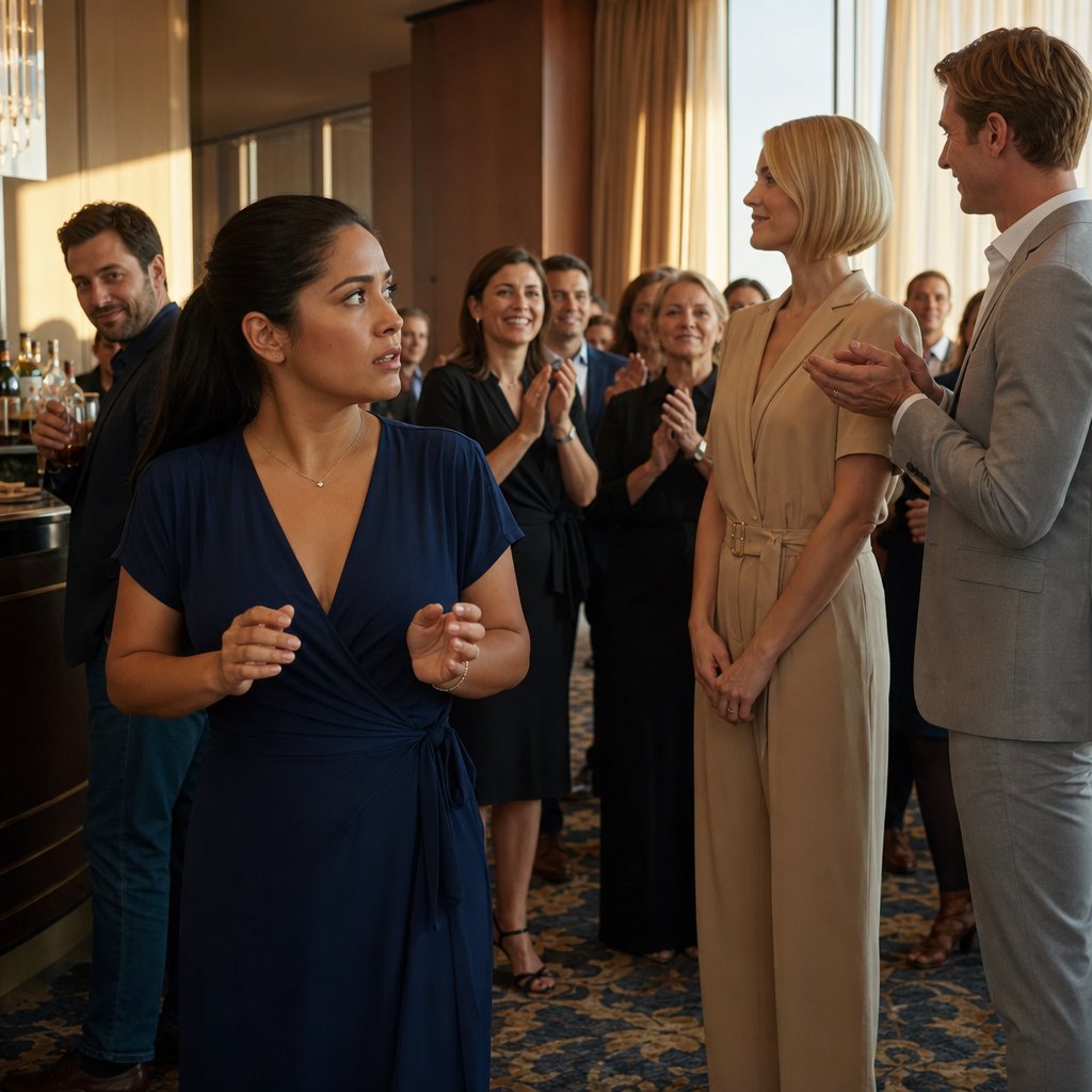 Mara stands stunned as Lena is applauded at a ballroom reception while a client-side man watches her knowingly.