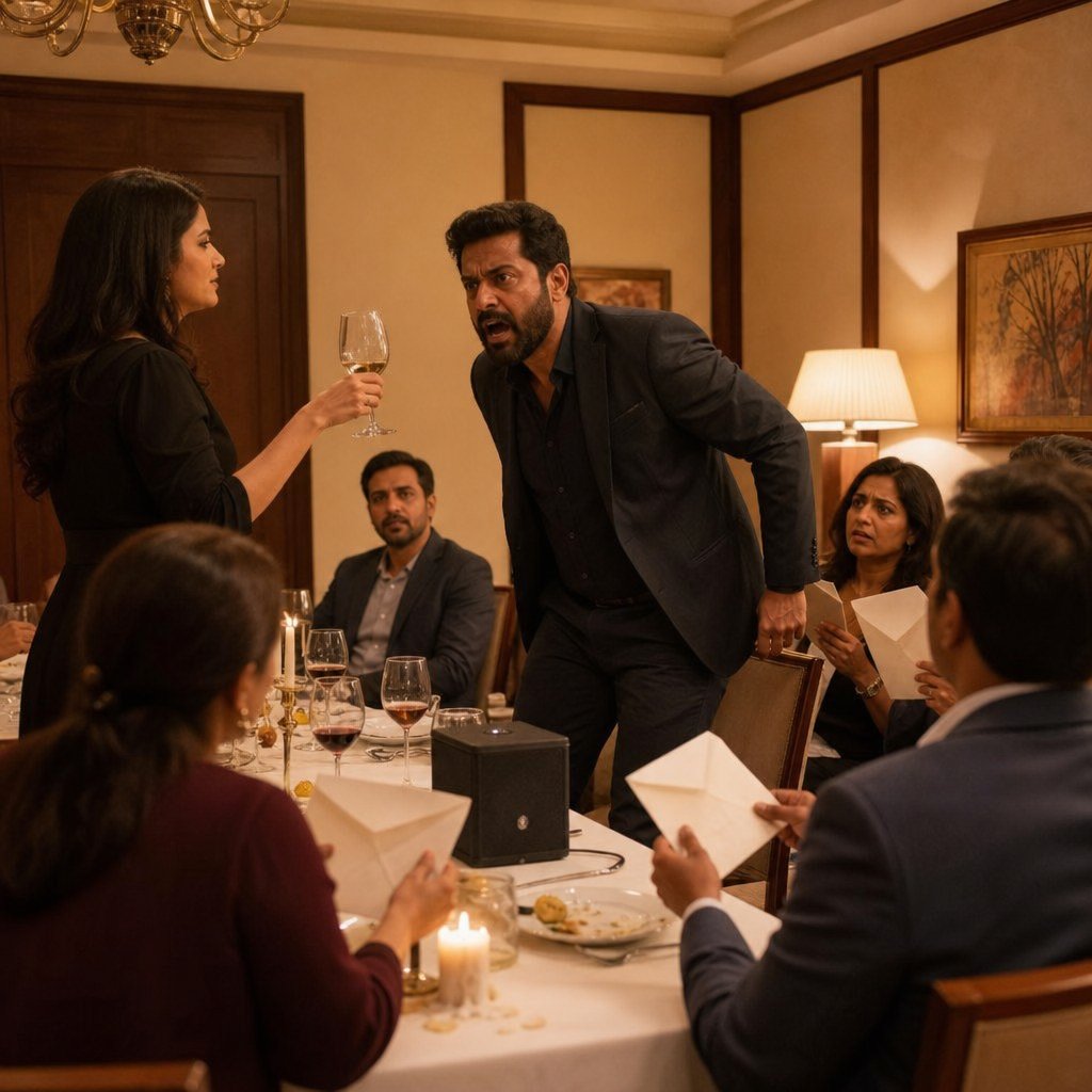 Mara stands to toast as Ethan jolts up and guests stare at opened envelopes and a small speaker on the table.