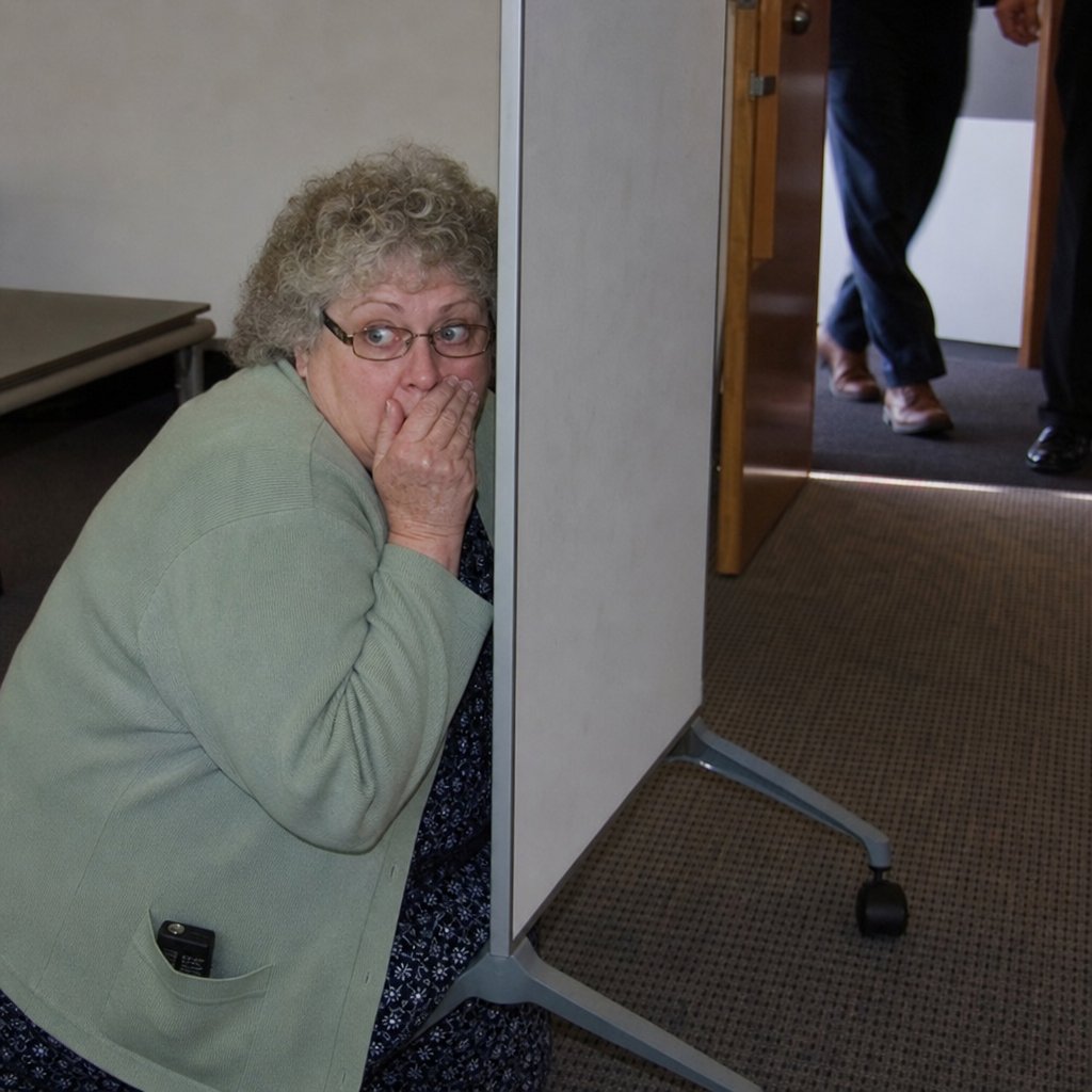 Lena hides behind a rolling whiteboard as two people approach the Sprint Room door.