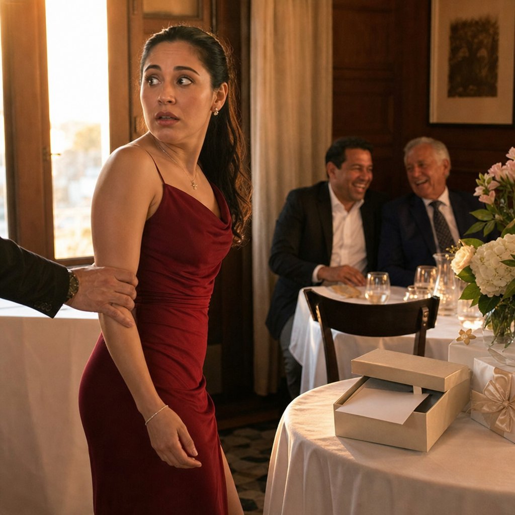 Mara stands by the gift table as an unseen person grips her wrist, while client and CFO laugh in the background.