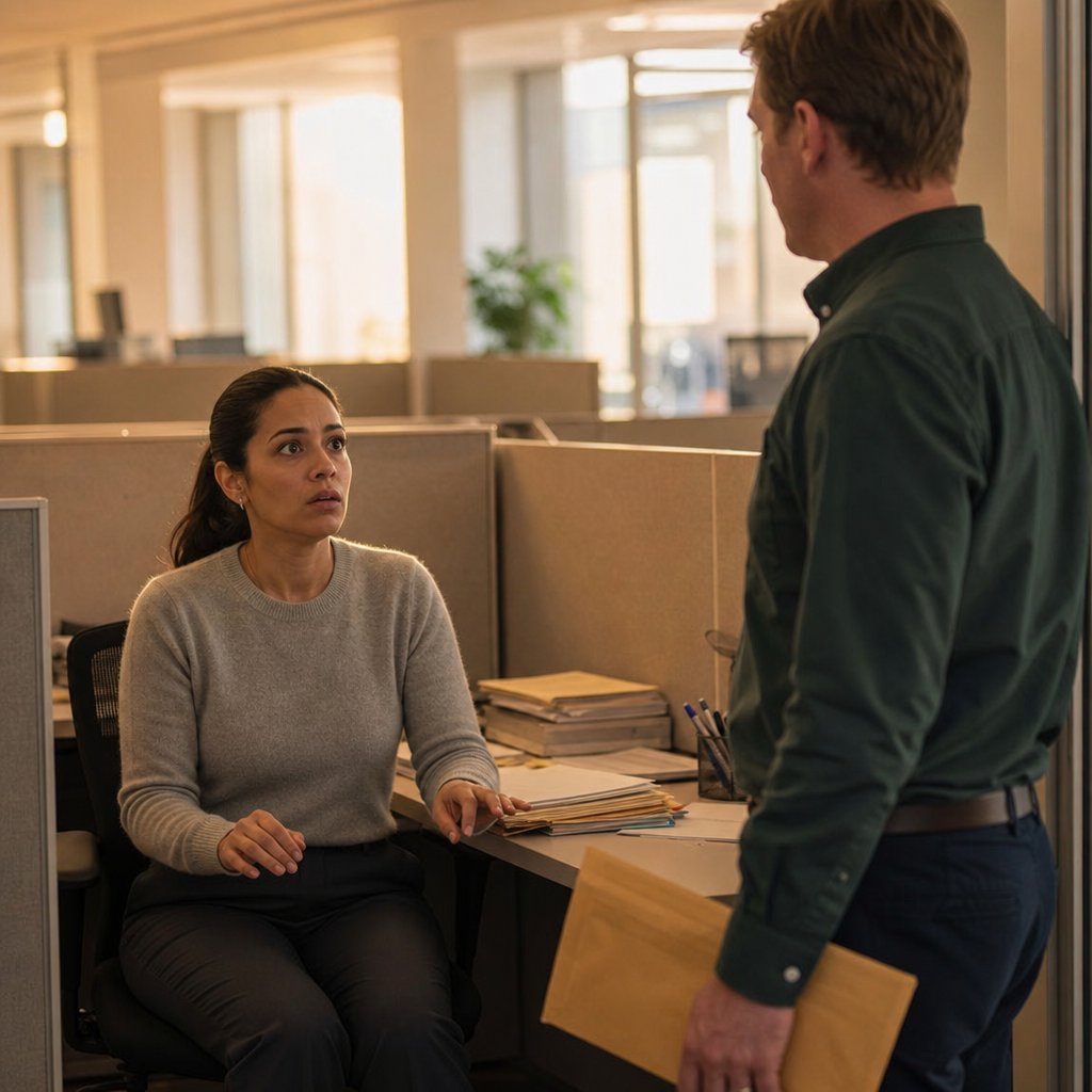 Mara sits stunned at her desk as Elliot stands at her cubicle holding a heavy manila envelope.
