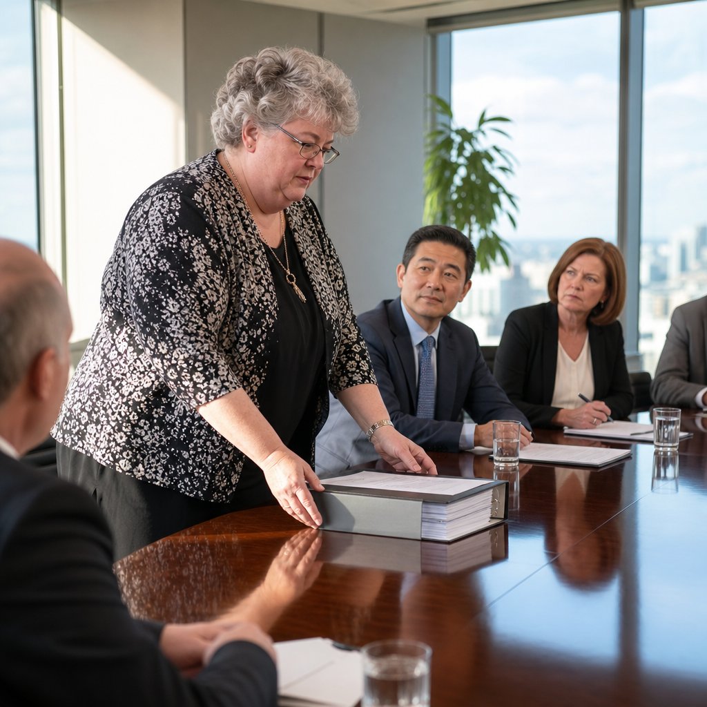 Lena sets a binder on the boardroom table as executives look up and Veronica grips her pen.