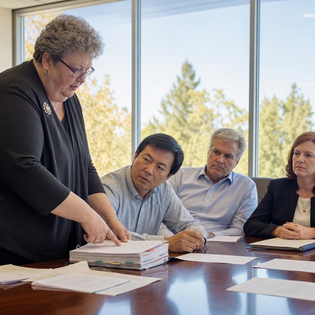 Lena points to tabbed log pages as the CEO watches and the VP and Veronica tense across the table.